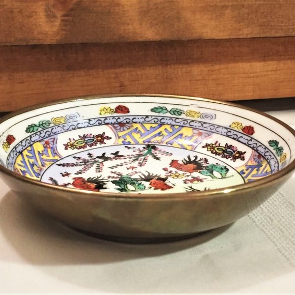 Red Rooster 6" Porcelain Bowl Encased in Brass - Picture 6 of 10